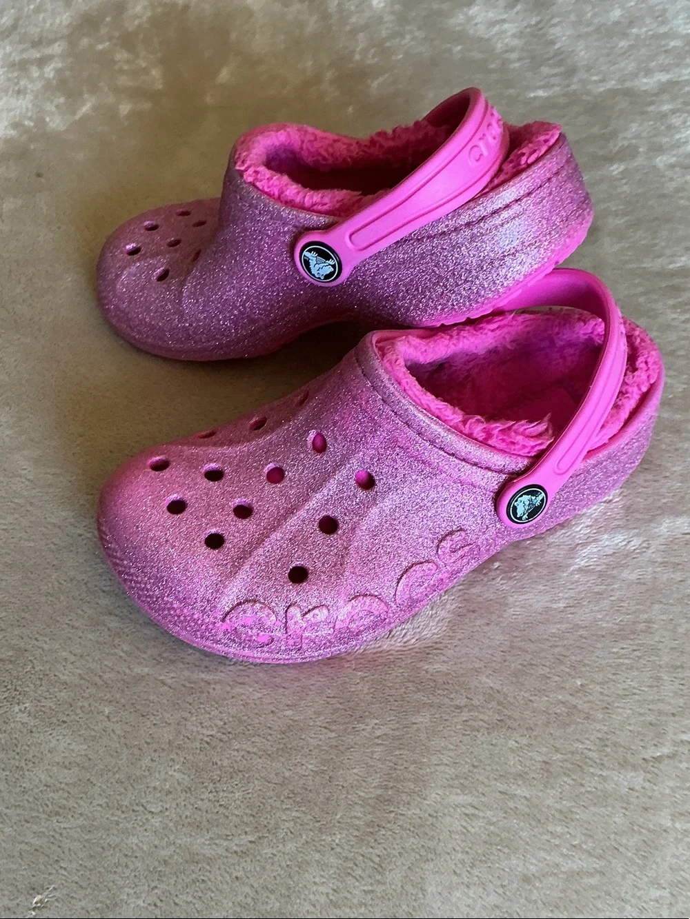 Crocs Youth Classic Lined Pink Clog Sparkle Size C13 #207656 Slip On Glitter
